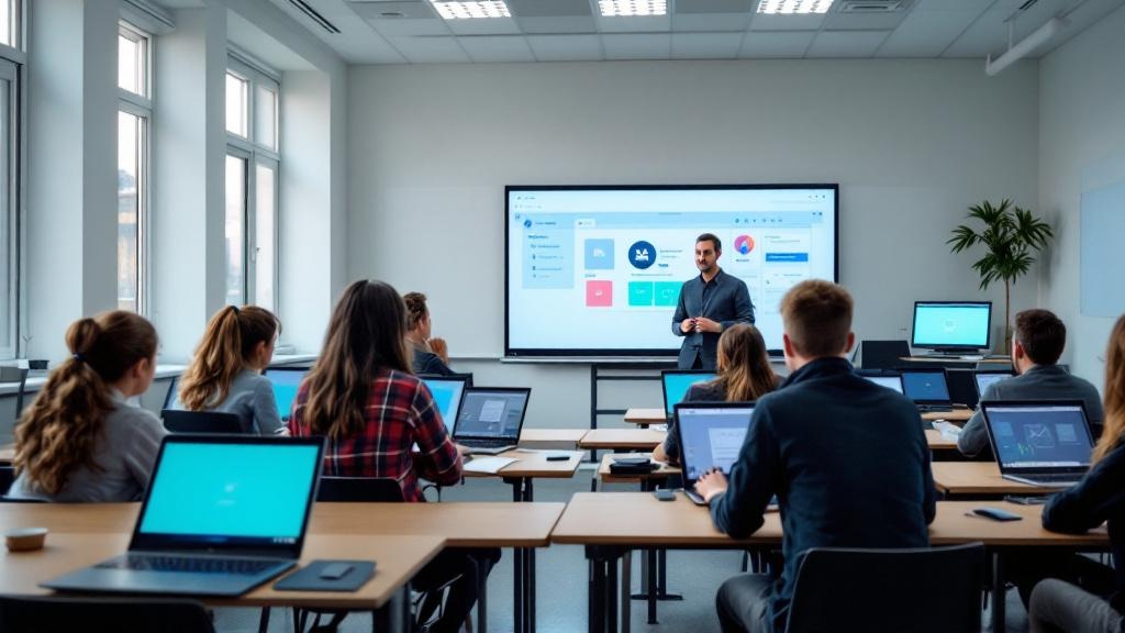 A wide-angle editorial photograph taken inside a modern British secondary school classroom. Several students sit at desks with open laptops displaying educational software interfaces, while a teacher 