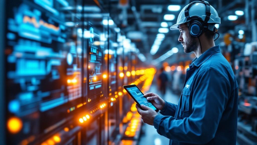 Editorial photograph taken inside a modern European automotive or electronics manufacturing facility, showing a brightly lit production line with robotic arms and human operators working alongside scr