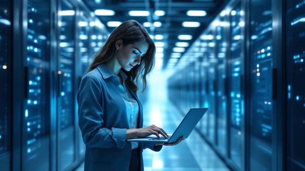 A wide-angle editorial photograph taken inside a modern European data centre or enterprise technology hub, such as a glass-and-steel office interior in Canary Wharf or a server room corridor at an ETH