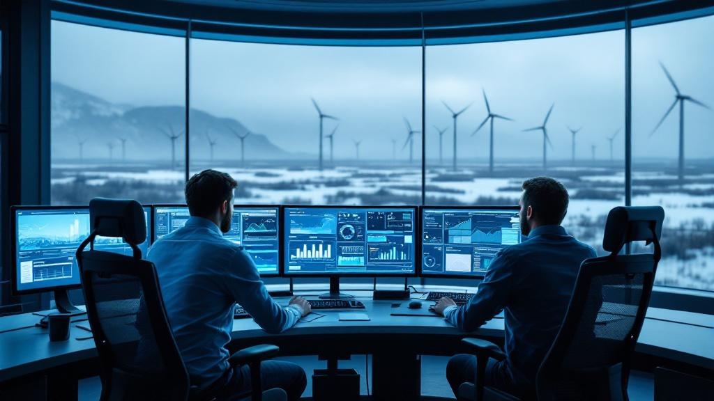 A wide-angle editorial photograph inside a modern European energy control room, showing two analysts seated at a curved workstation with multiple monitors displaying live grid data and AI-assisted das