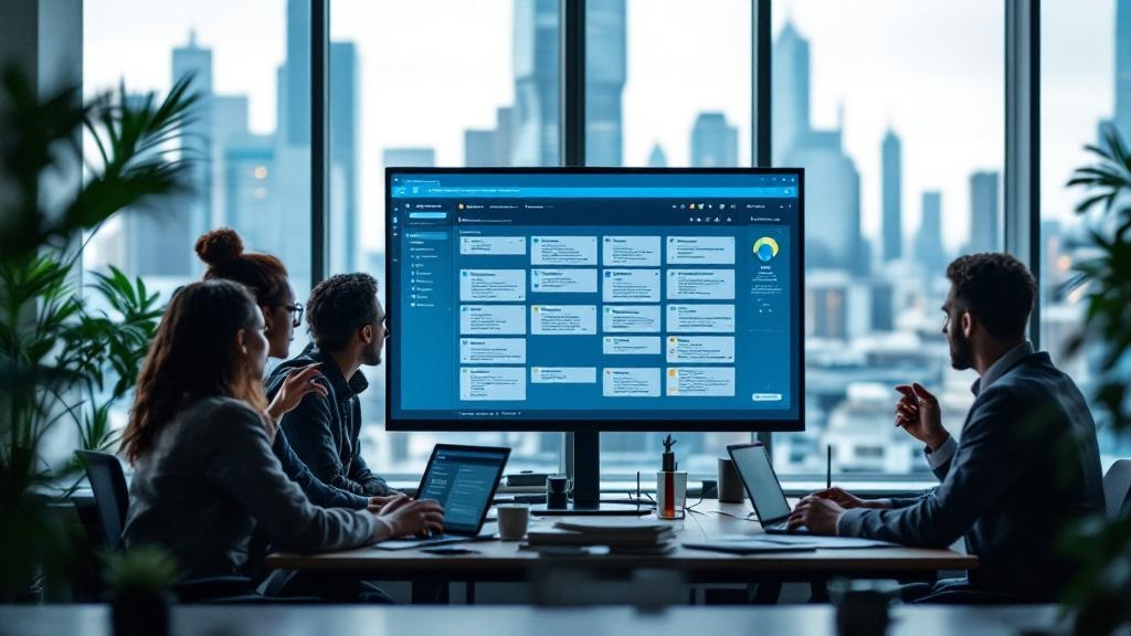 A wide-angle editorial photograph taken inside a modern open-plan office in a European city, showing a diverse team of four knowledge workers gathered around a large monitor displaying a structured pr