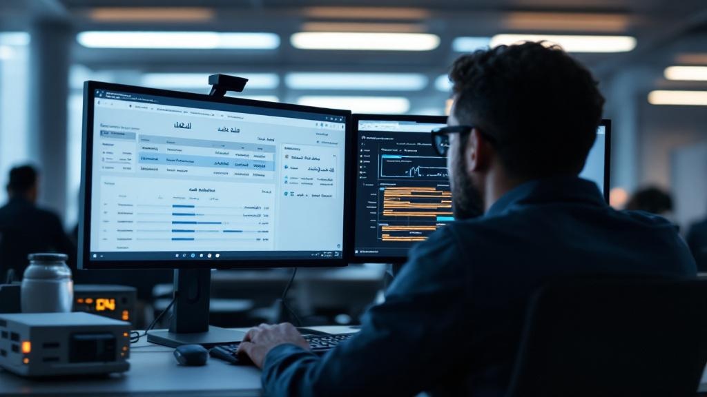 Editorial photograph taken inside a French prefecture or civic digital-services office: a public-sector worker at a dual-screen workstation, one screen showing Arabic script alongside French text in a
