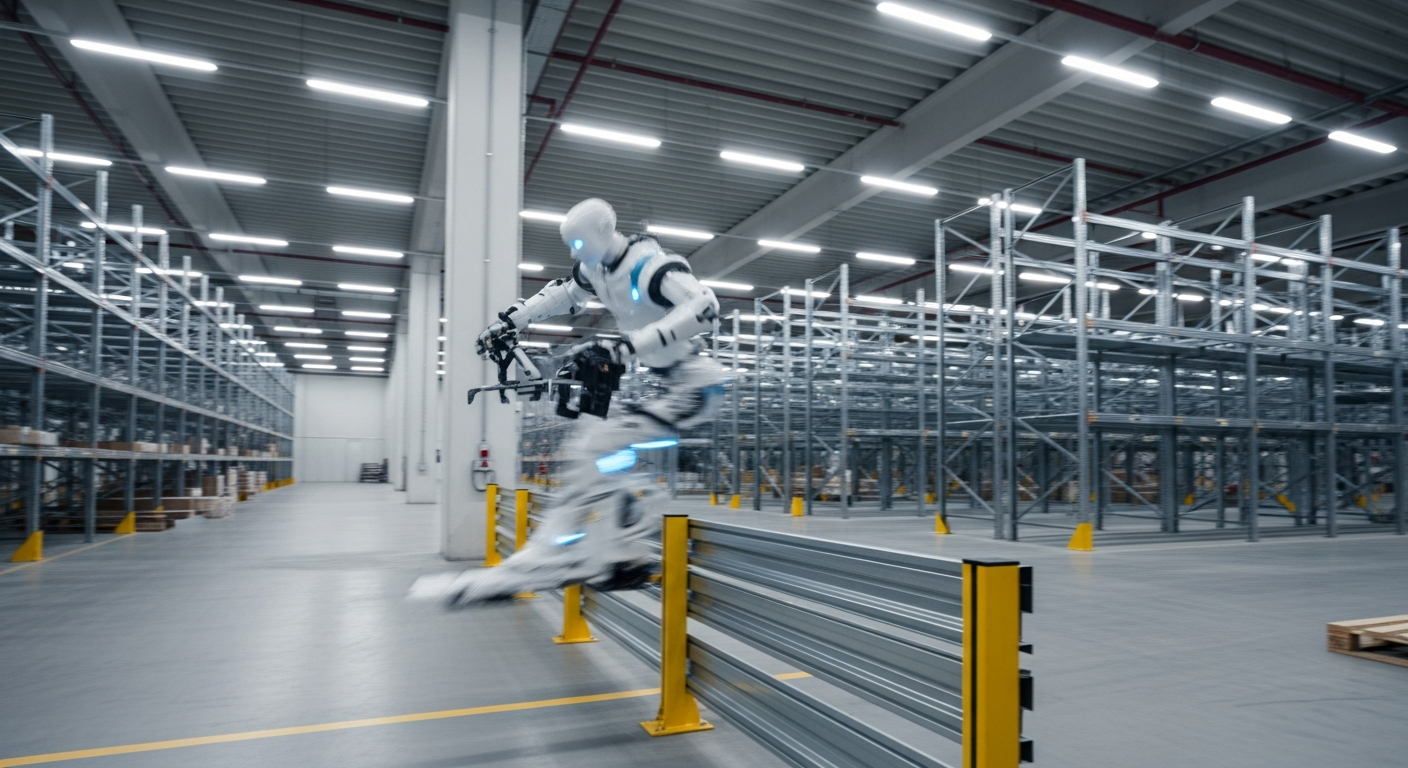 A humanoid robot mid-vault over a low industrial barrier inside a European warehouse facility, motion blur conveying speed, with steel racking and concrete floors visible in the background. The scene 
