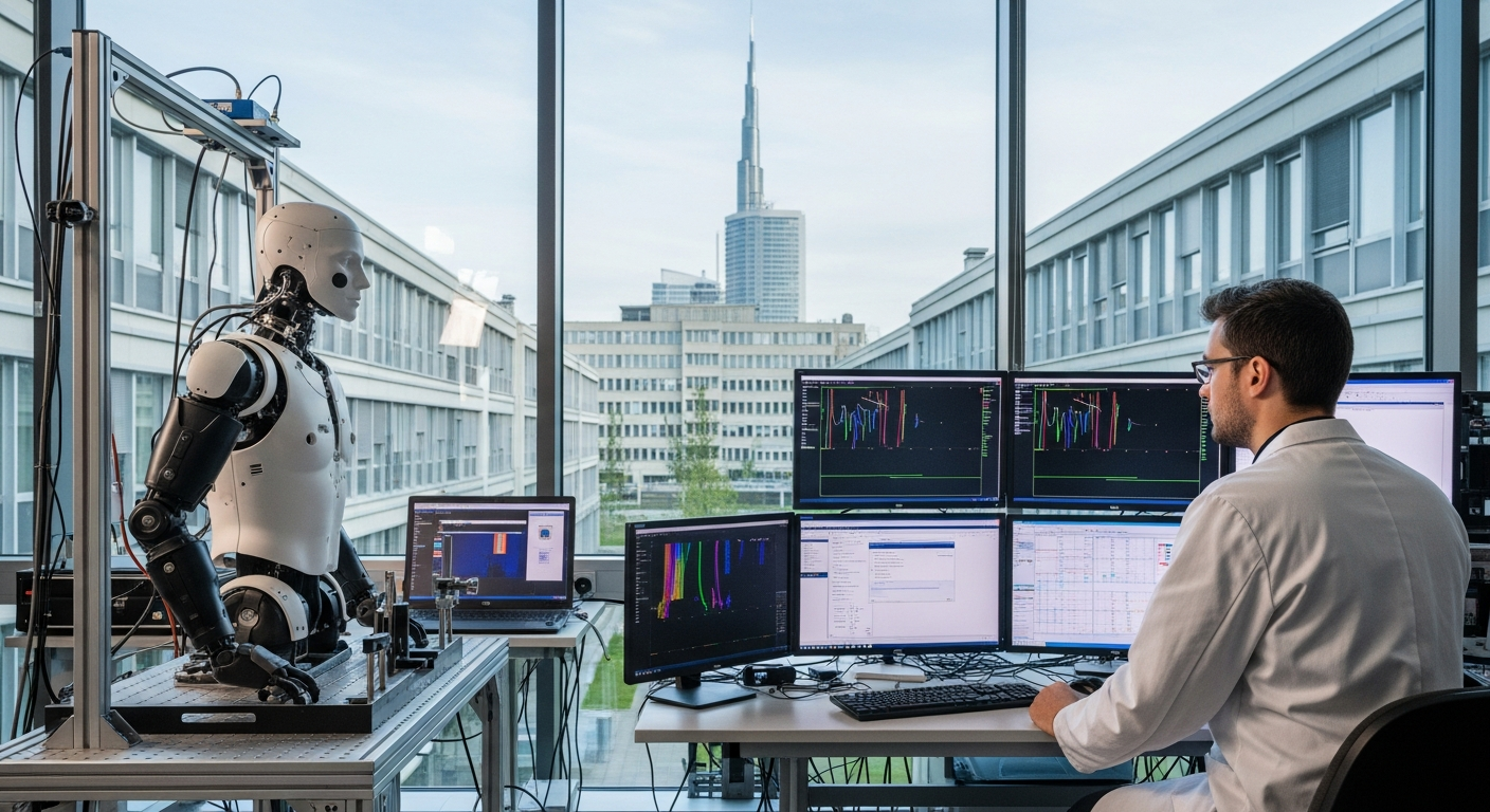 A researcher in a lab coat reviewing locomotion data on multiple monitors inside a modern robotics laboratory, with the ETH Zurich campus building visible through a large window in the background. A h