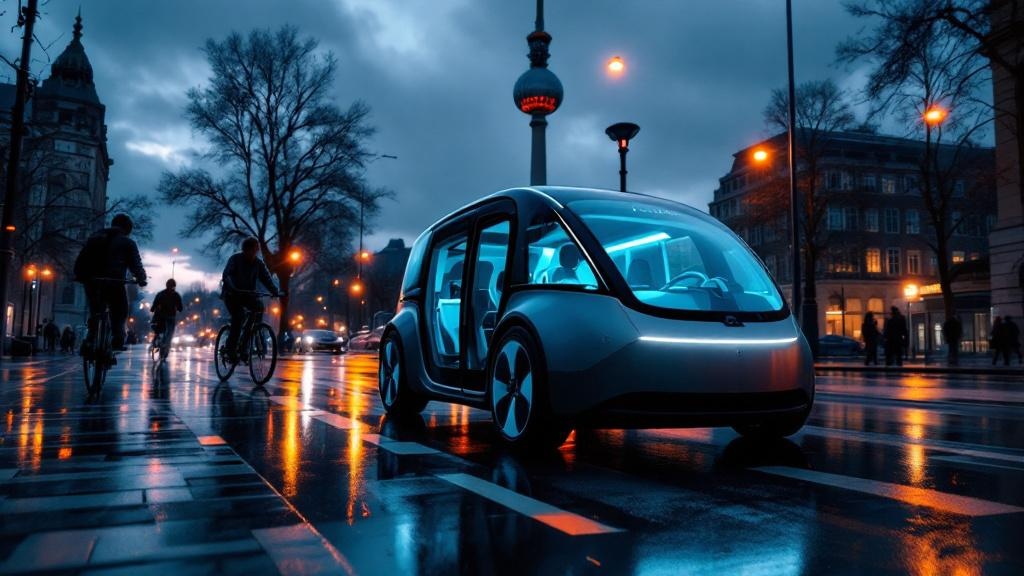 Wide-angle editorial photograph taken on a rain-slicked street in central Berlin at dusk, showing a sleek, compact electric vehicle with no visible driver controls through its large windows, surrounde