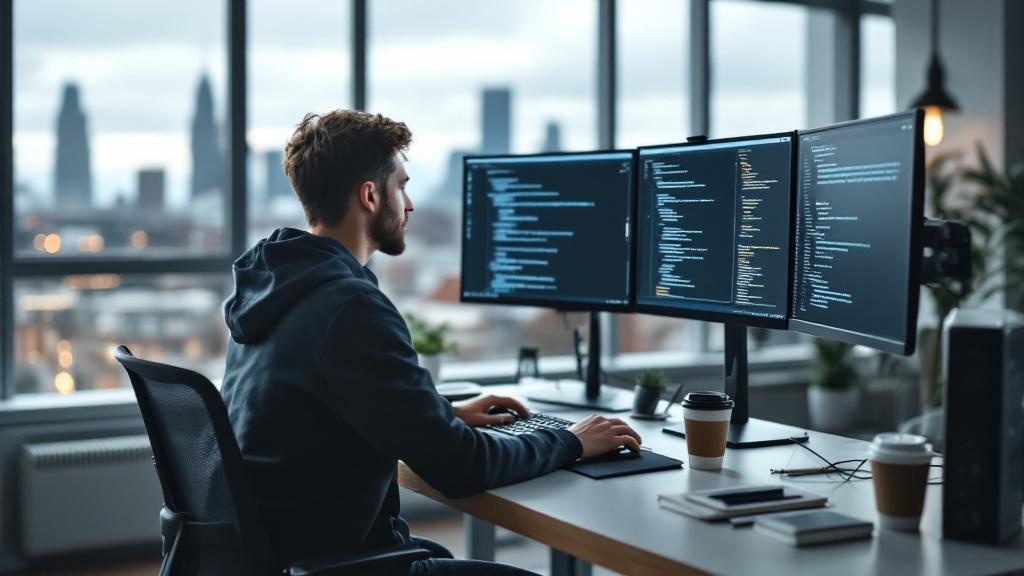 A software developer in their late twenties seated at a standing desk in a modern open-plan office, natural light coming through floor-to-ceiling windows with a view of a European city skyline. Multip