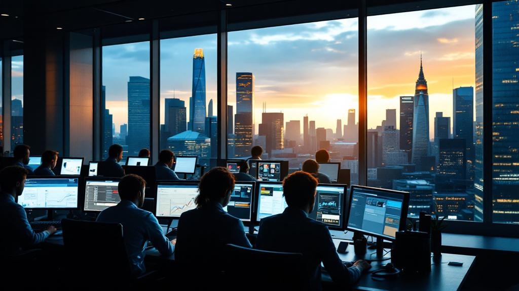 Editorial photograph taken inside a contemporary European financial regulatory office, rows of analysts at dual-monitor workstations reviewing compliance dashboards, with a large window framing the Ca