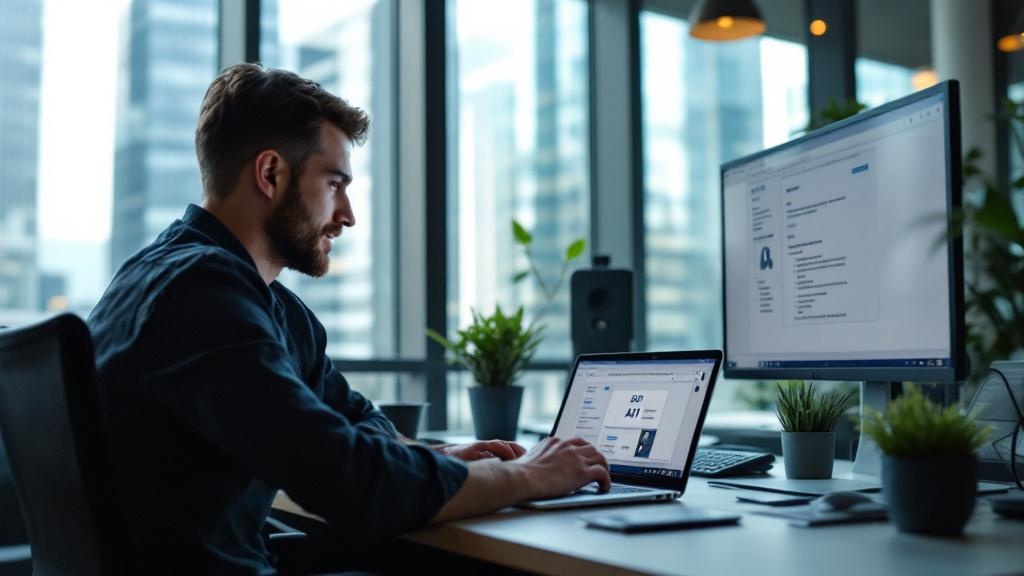 A developer in a modern co-working space in London's Canary Wharf works through an online AI course on a laptop, with a second screen displaying API documentation. The background shows the glass tower