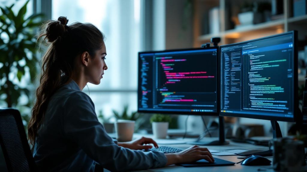 Editorial photograph taken inside a contemporary European open-plan office, likely in a financial district such as Canary Wharf or Frankfurt's banking quarter. A mid-career professional, female, sits 