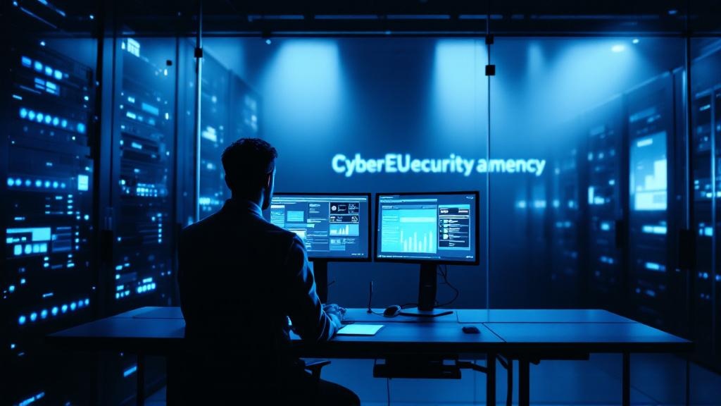 Editorial photograph of a darkened server room inside a European data centre, with blue-tinted rack lighting and a lone security analyst reviewing threat dashboards on dual monitors. In the background