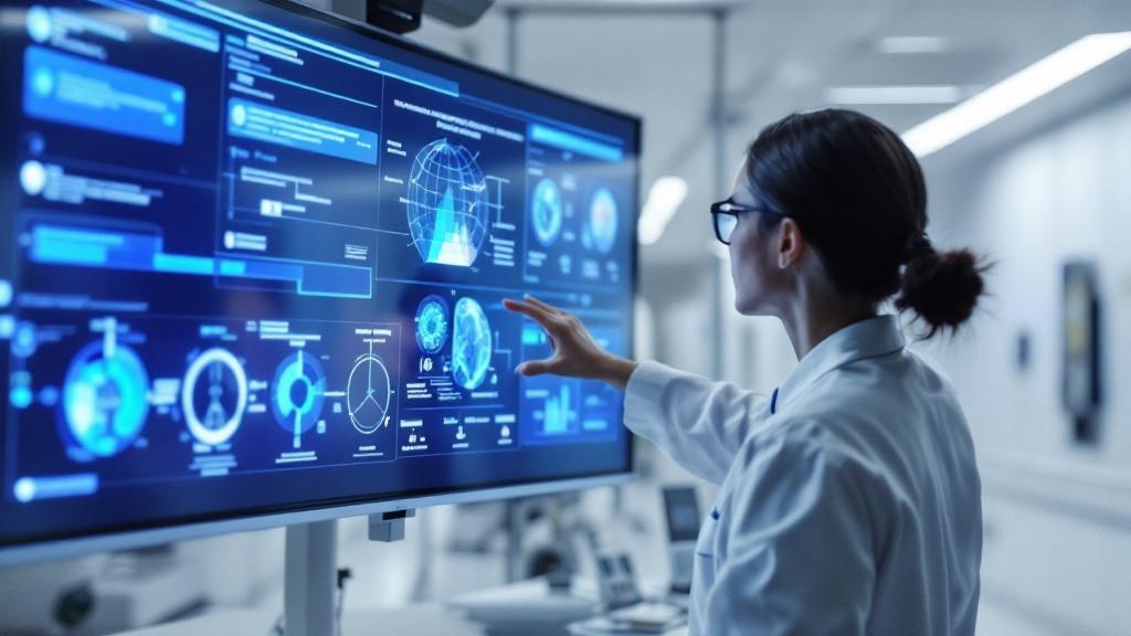 Editorial photograph inside a modern European hospital research facility, showing a clinician reviewing data on a large monitor displaying anonymised patient pathways and AI-generated diagnostic summa
