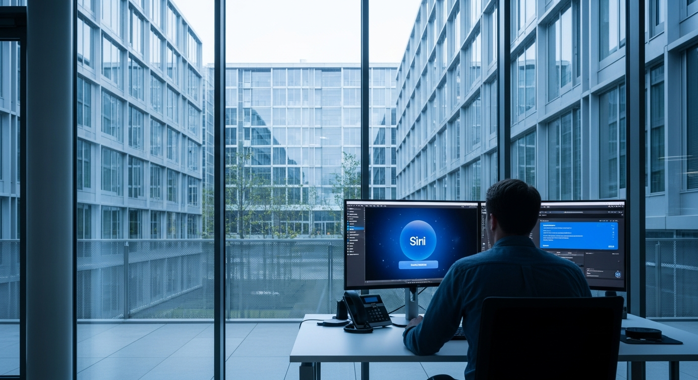 A wide-angle editorial photograph taken inside a glass-walled European technology office, showing a developer working at a dual-screen workstation with Siri interface elements visible on an Apple devi