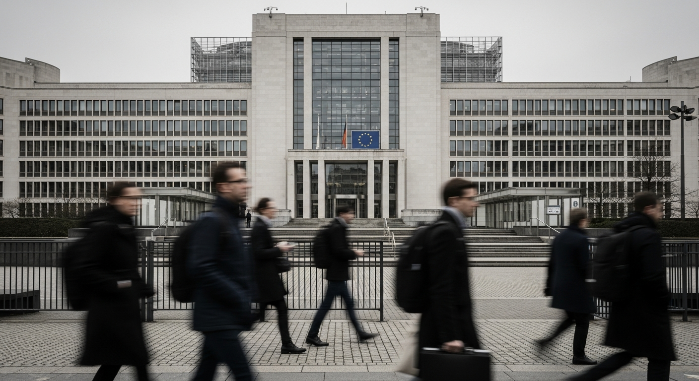 An editorial photograph of the European Commission's Berlaymont building in Brussels, shot from street level on an overcast afternoon, with a blurred foreground of professionals walking briskly. The i