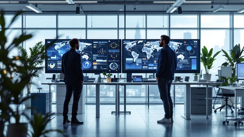 Editorial photograph taken inside a modern European AI research facility, styled to suggest ETH Zurich or a Brussels policy think-tank environment: a clean open-plan office with large monitors display