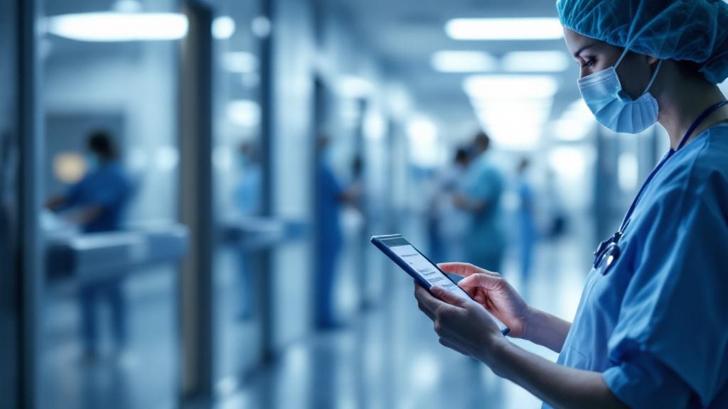 A wide editorial photograph inside a modern European hospital corridor, soft clinical lighting, a clinician in scrubs reviewing a tablet screen displaying text in Welsh or Irish alongside English, blu