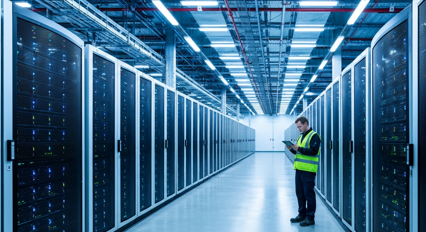 A wide-angle editorial photograph taken inside a modern European data centre, rows of illuminated server racks receding into the distance, cool blue and white lighting, a lone engineer in a high-visib