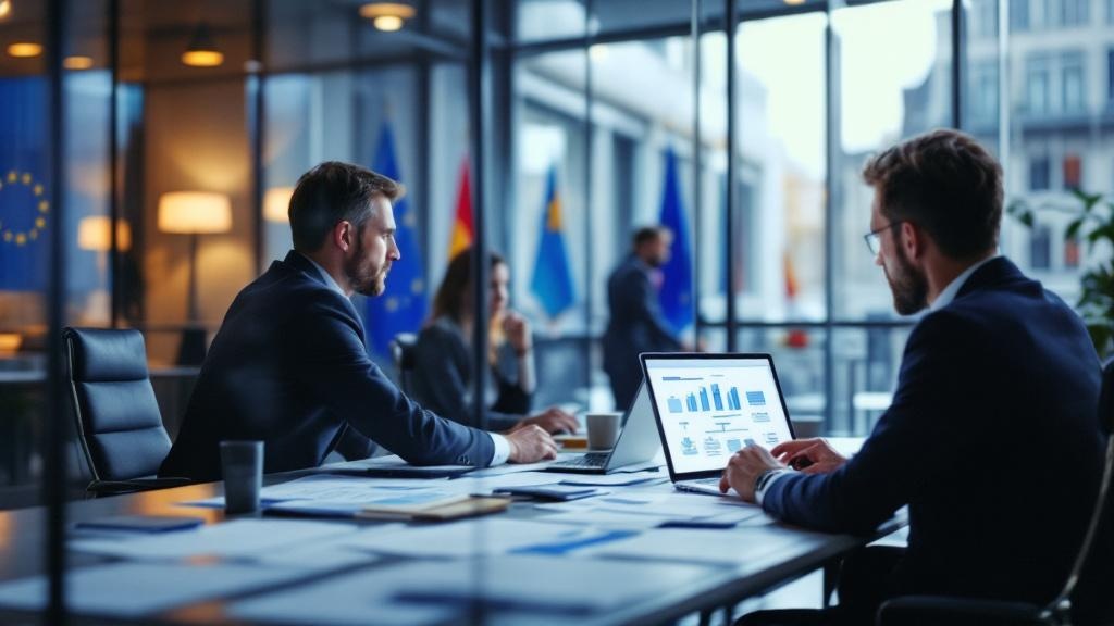 Wide-angle editorial photograph taken inside a contemporary Brussels policy office, showing a glass-walled meeting room with EU and member-state flags visible in the background. A financial analyst or