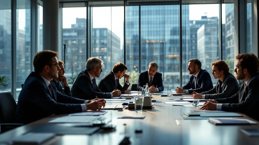 An editorial photograph taken inside a European financial regulatory forum: a wide conference table with EU and UK regulatory documents visible, officials in discussion, with the Berlaymont building i