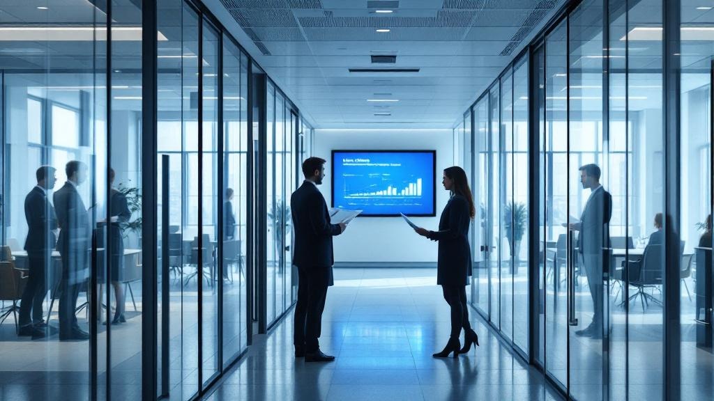 A wide-angle editorial photograph taken inside a modern European regulatory or legal office, with glass-walled meeting rooms visible in the background and a large digital screen displaying a complianc