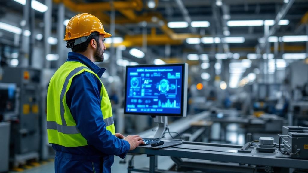A wide-angle editorial photograph taken inside a modern automotive or precision-engineering factory in the West Midlands or Lower Saxony. A mid-career worker in high-visibility clothing stands at a di