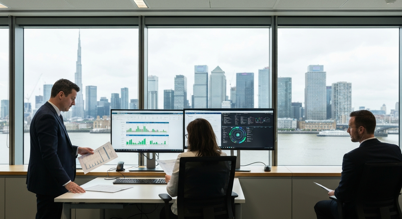 A wide-angle editorial photograph taken inside a modern European fintech office, showing compliance and technology teams reviewing AI governance documentation on large monitors. The Canary Wharf skyli
