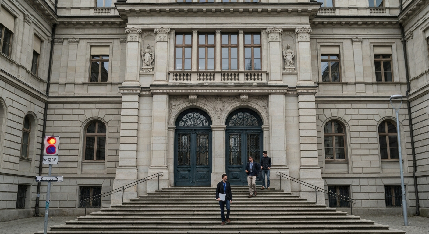 An editorial photograph of the exterior of the European Banking Authority offices in Paris or the FCA building in London, shot on an overcast day with a wide lens. Subtle framing device of a laptop or