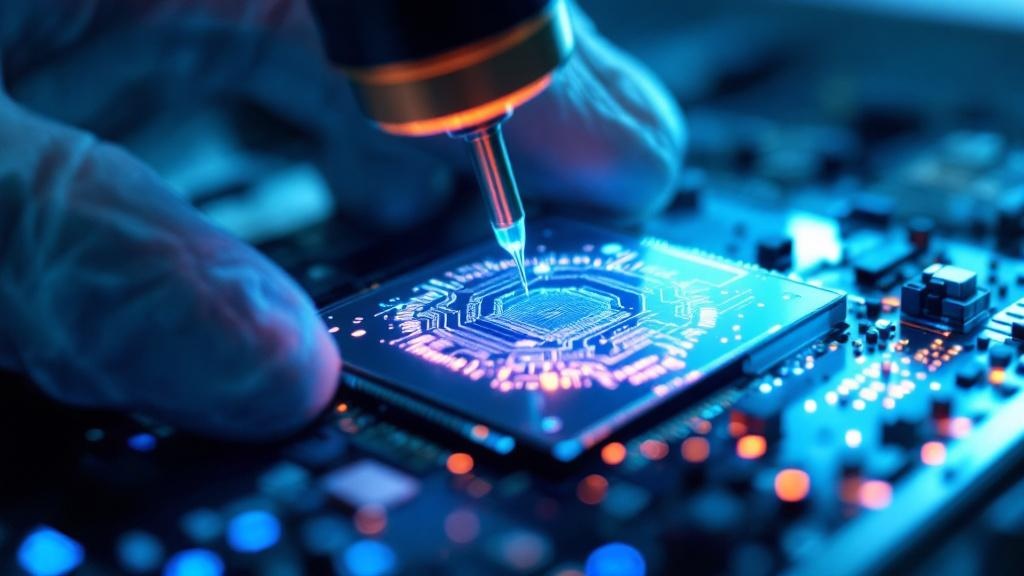 Close-up editorial photograph of a semiconductor wafer under inspection lighting, showing iridescent circuit patterns at extreme magnification. A gloved hand holds the wafer at an angle to catch the l