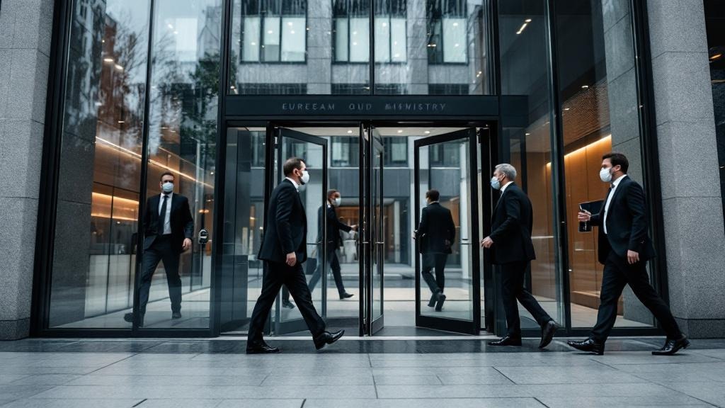 Editorial photograph of a European government ministry building exterior, shot in flat overcast northern European daylight, with officials in dark suits entering or exiting through glass doors. The sc