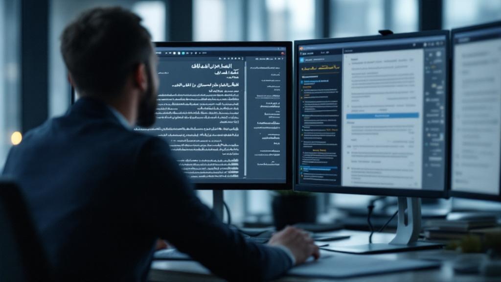 Editorial photograph taken inside a modern European financial institution's compliance or legal department. A professional reviews documents on a dual-monitor workstation displaying Arabic and English