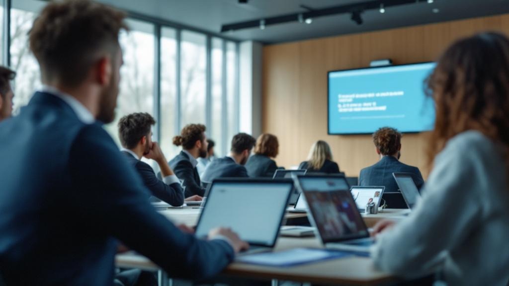 A wide-angle editorial photograph taken inside a modern European university lecture hall or professional training room, showing a mixed group of adult learners seated at laptops, one screen clearly di