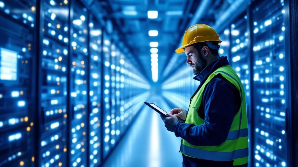 Editorial photograph inside a modern European hyperscale data centre facility, rows of illuminated server racks receding into the distance, cool blue and white lighting, a lone engineer in a high-visi