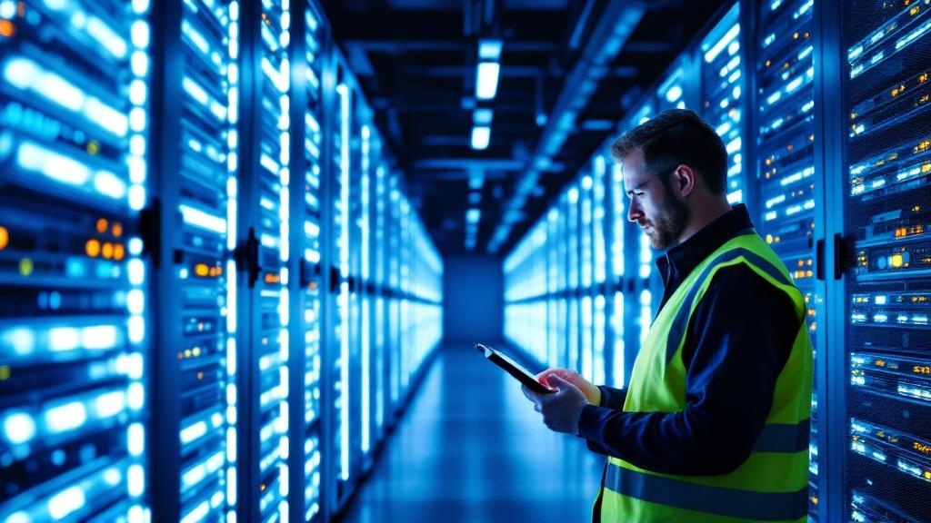 Wide-angle editorial photograph inside a modern European hyperscale data centre, rows of illuminated server racks stretching to a vanishing point, with a technician in a high-visibility vest reviewing