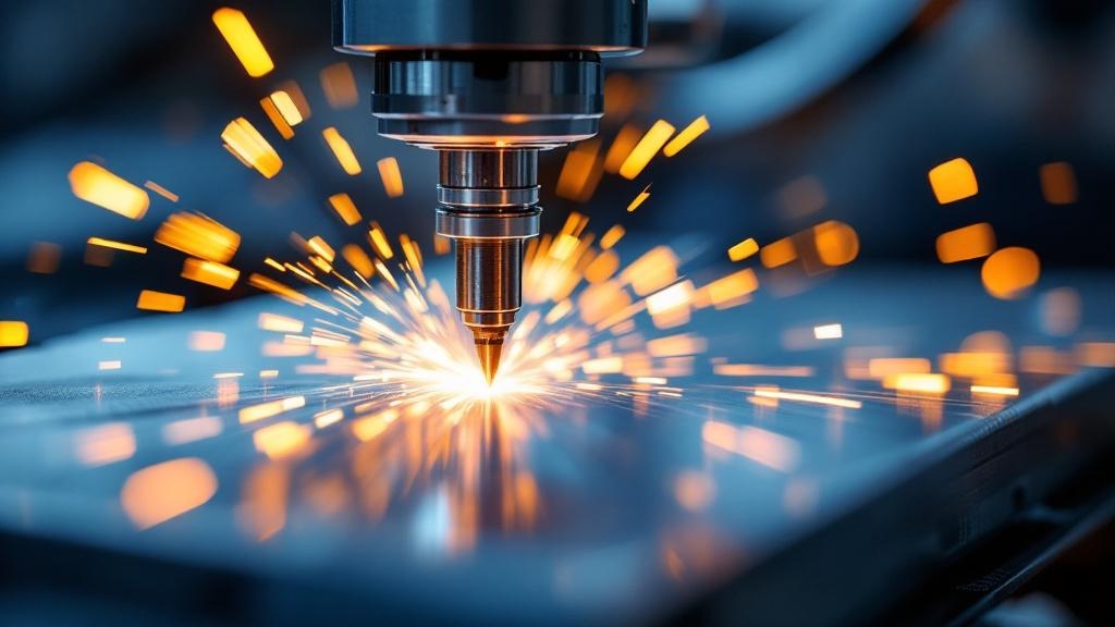 Close-up editorial photograph of a resistance-spot-weld gun tip and electrode assembly in active operation on an aluminium automotive closure panel, sparks diffused softly by a narrow depth of field. 