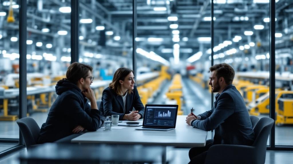 Medium-wide photograph of a works-council or shop-floor management meeting at a German automotive plant: four to five people seated around a plain table in a glass-walled room adjacent to the producti