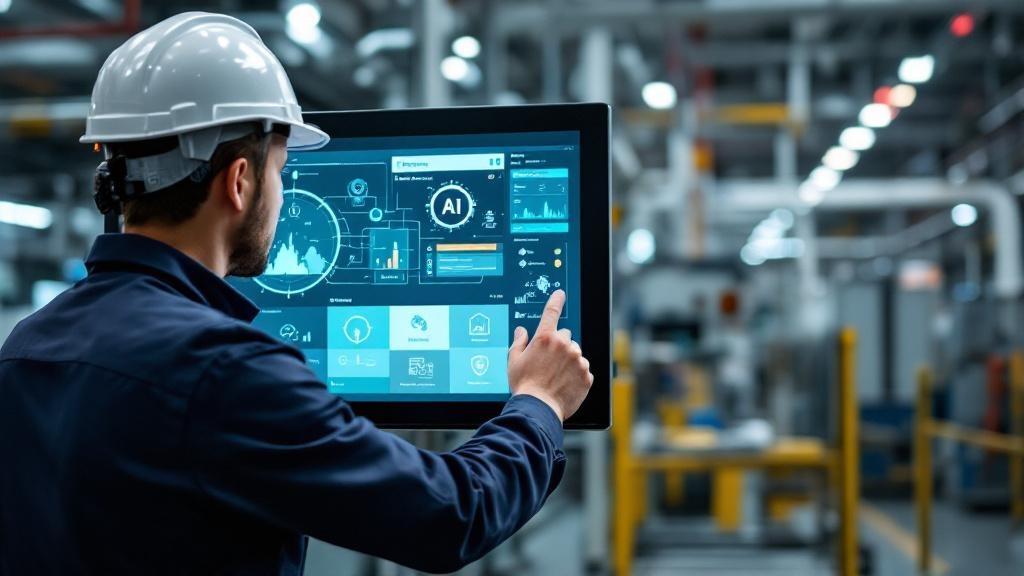 Editorial photograph showing a Siemens-branded industrial control panel or HMI screen in a factory environment, with a technician in a hard hat interacting with a touchscreen interface displaying AI-g