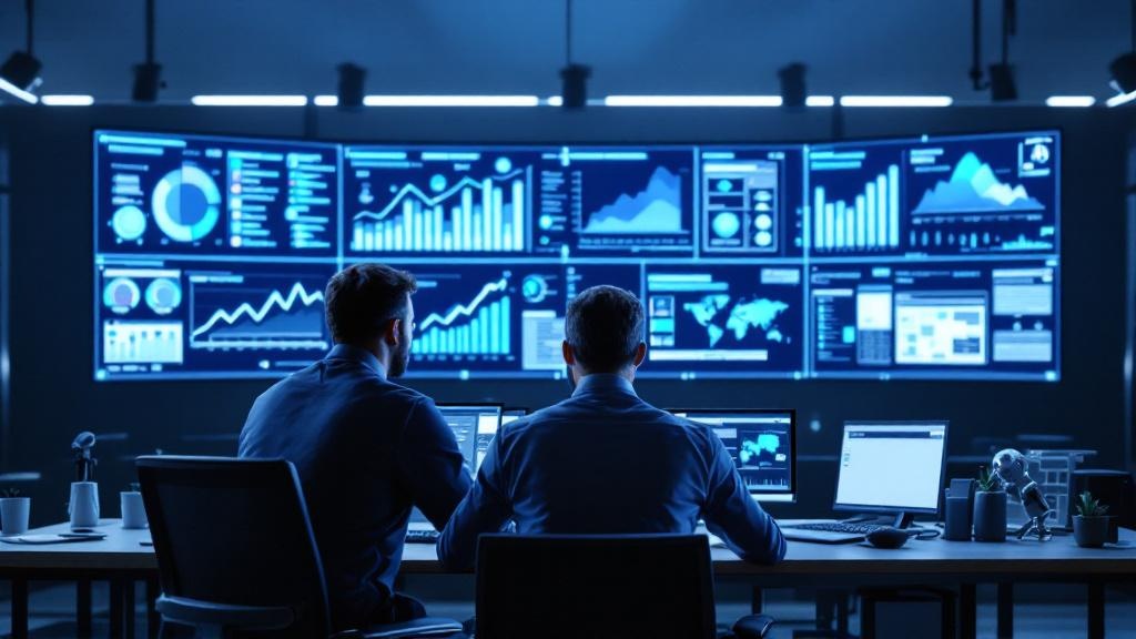 Editorial photograph depicting a building energy management operations centre, showing multiple large monitors displaying real-time energy consumption dashboards with AI-driven optimisation overlays. 