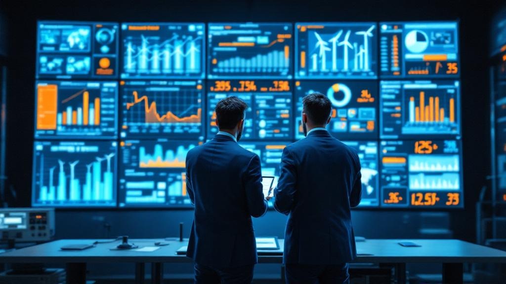 Editorial photograph taken inside a modern European electricity control room, featuring a wall of screens displaying real-time grid data, wind and solar output charts, and AI-assisted balancing dashbo
