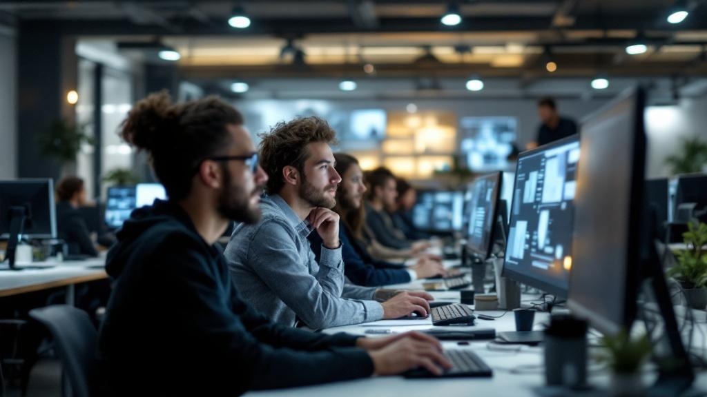 A wide-angle editorial photograph taken inside a modern European university computer lab, likely at ETH Zurich or a Berlin technical faculty. A diverse group of adult learners in their twenties and th