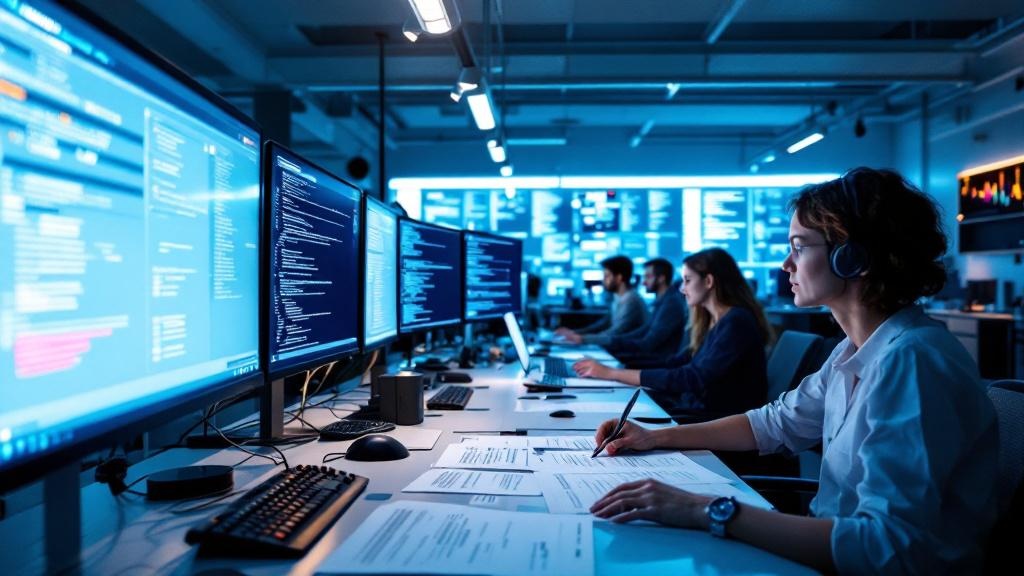 Wide-angle photograph inside a modern European computational linguistics research facility, showing a diverse team of researchers reviewing annotated text data on large monitor arrays. The room has th