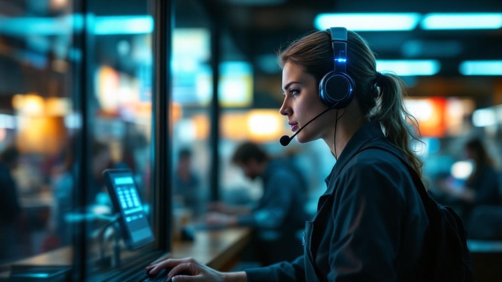 Editorial photograph taken inside a busy European fast-food restaurant, shot from a low angle looking up at a staff member wearing a headset at a drive-thru window. The image is slightly desaturated t
