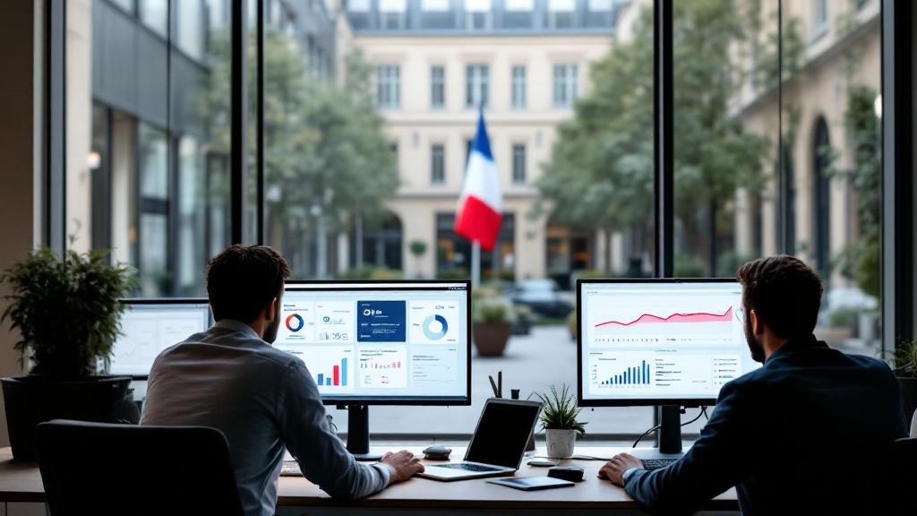 A wide-angle photograph taken inside a modern French government ministry building, showing civil servants working at dual-monitor workstations displaying data dashboards and document management interf