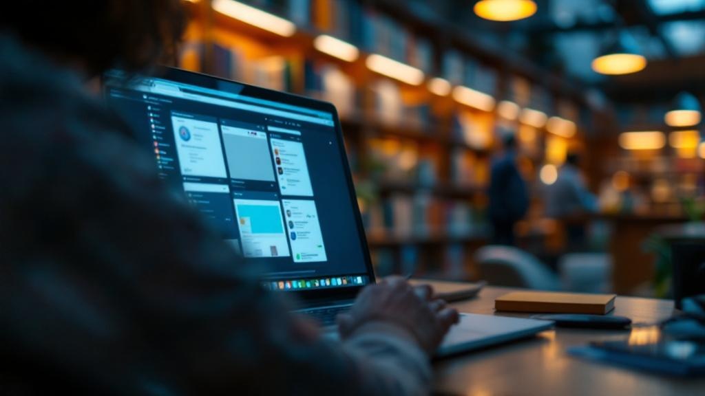 A wide-angle editorial photograph taken inside a modern European university library, showing a student at a laptop with multiple browser tabs visible on screen, warm overhead lighting illuminating row
