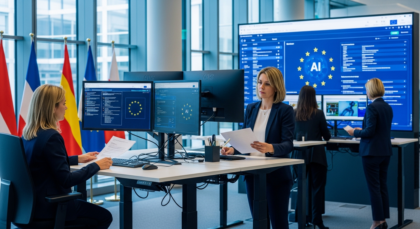 A documentary-style photograph taken inside a modern European open-plan office, showing a professional at a standing desk reviewing two AI chat interfaces on a dual-monitor setup. Natural light comes 