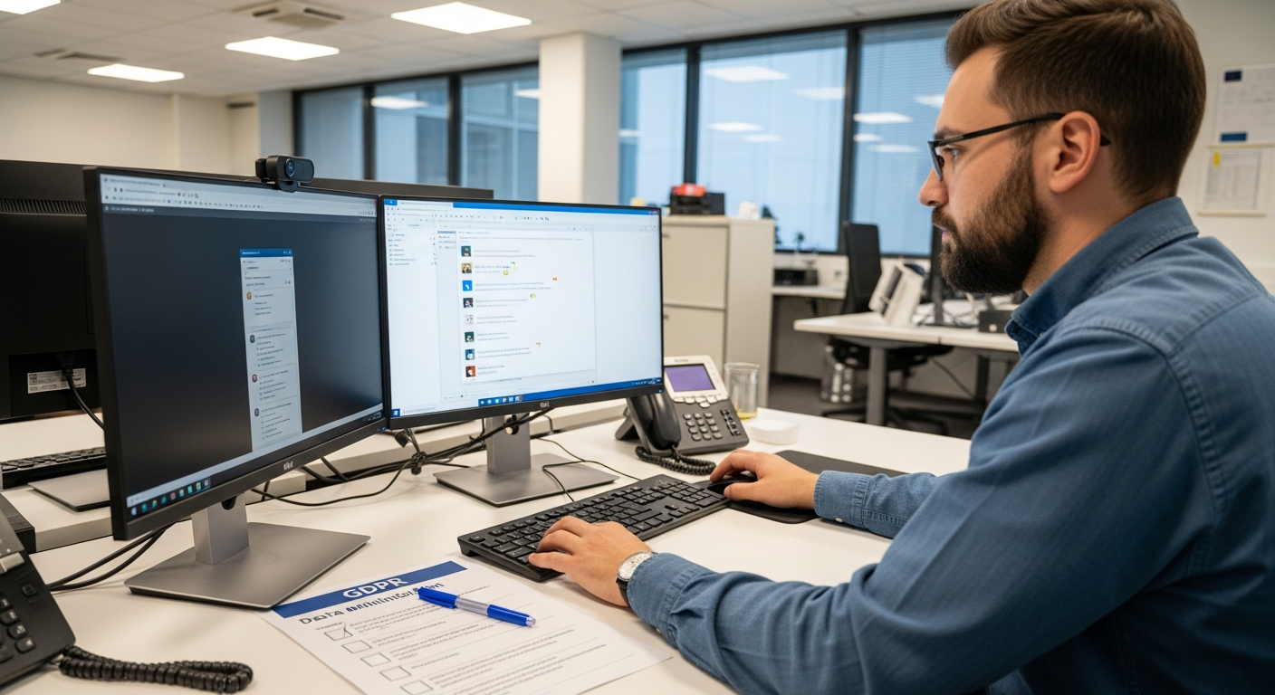 An editorial photograph of a data privacy workshop in a glass-walled meeting room at a European technology company, with participants gathered around a large screen displaying a data export workflow d