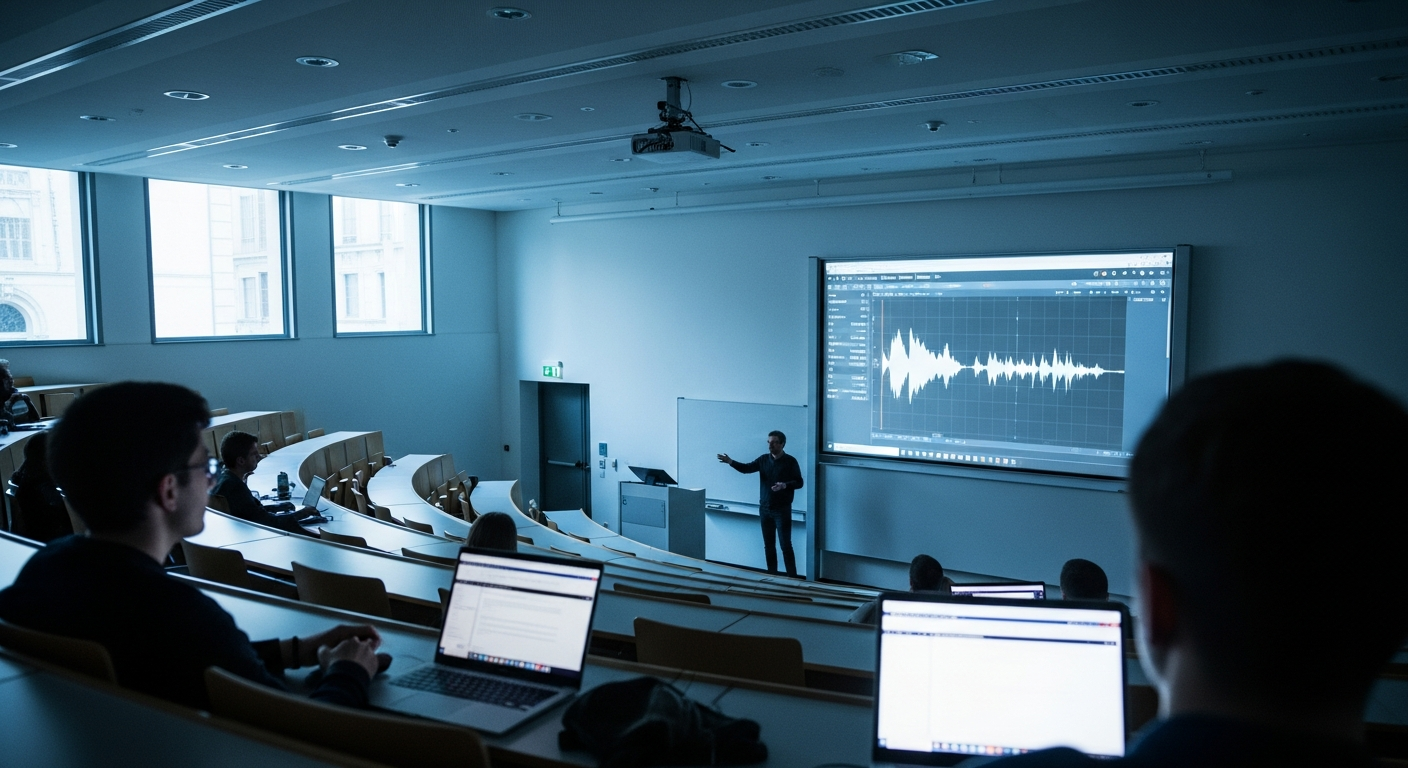 A wide-angle editorial photograph inside a bright, modern European university lecture hall, showing a student holding a smartphone displaying a ChatGPT audio waveform on screen, surrounded by open lap