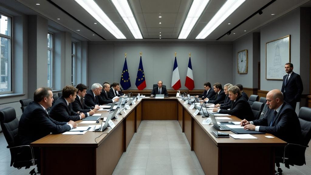 A wide-angle interior photograph of a formal European regulatory meeting room, with officials seated around a long table covered in documents and laptops. The setting evokes a Brussels or Paris minist