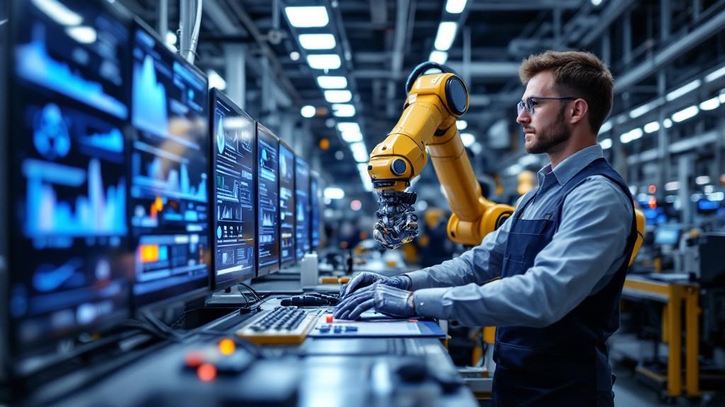 Wide-angle editorial photograph taken inside a modern German automotive assembly plant, showing a robotic arm alongside a human technician working on a production line. Overhead screens display real-t