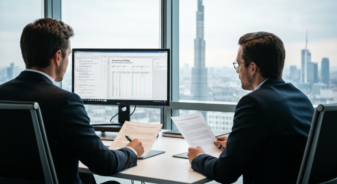 Editorial photograph of a compliance officer reviewing dual-screen documentation in a glass-walled European financial district office, with the Canary Wharf tower cluster visible through the window in