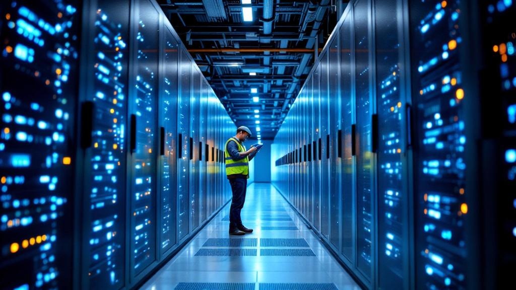 Editorial photograph inside a European hyperscale data centre, rows of illuminated server racks stretching into the distance, a single technician in a high-visibility vest checking a cable panel, cold