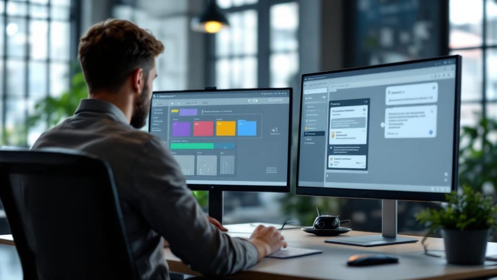 A wide-angle editorial photograph shot inside a modern European open-plan office, possibly in a Berlin or Amsterdam tech hub, showing a worker at a dual-monitor workstation. One screen displays a stru